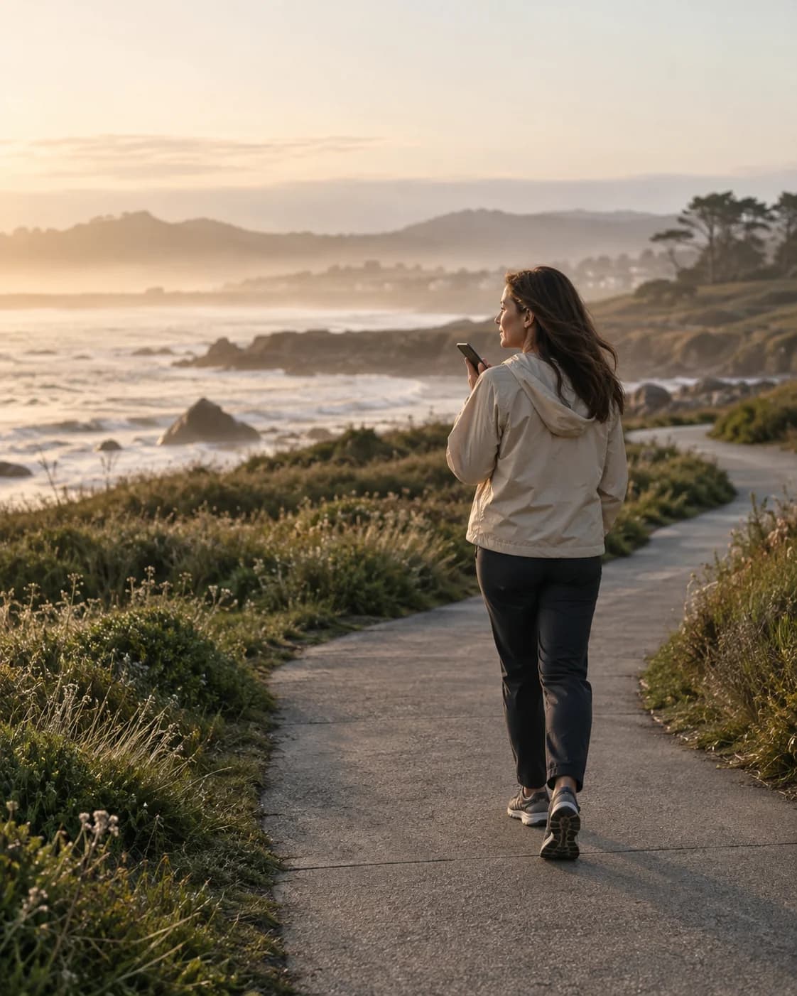 Illustrative scene of a woman walking along the coast, speaking into her phone